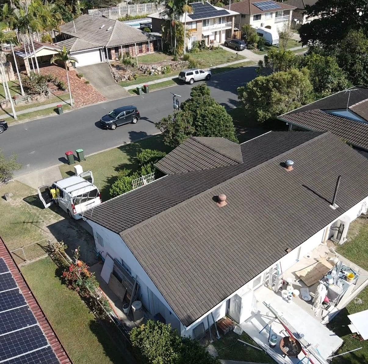 Aerial view of roof restoration project in Brisbane